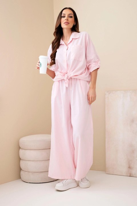 Komplet damski bawełniany z wiązaną koszulą i szeroką nogawką pudrowy róż
