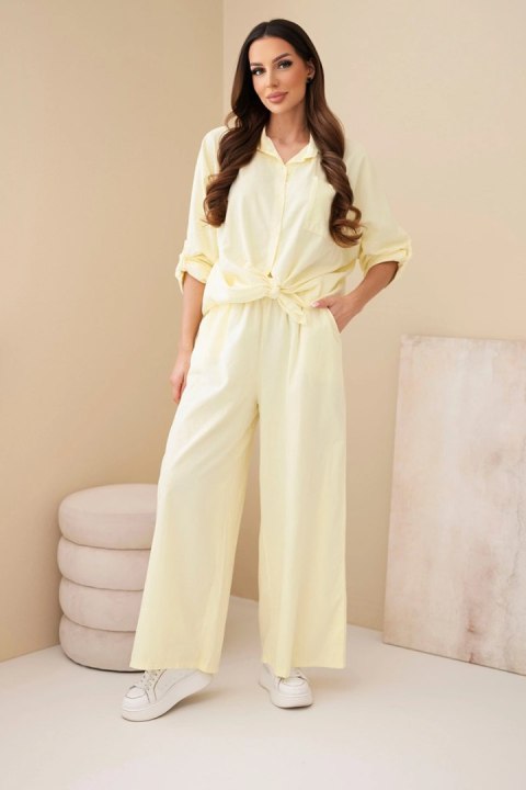 Komplet damski bawełniany z wiązaną koszulą i szeroką nogawką żółty