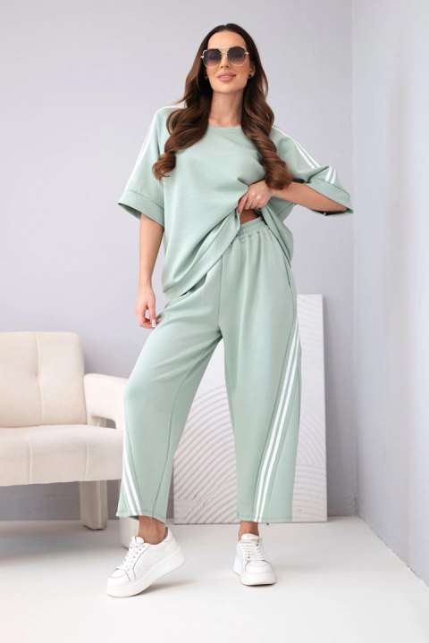 Komplet damski masełkowy z wiskozy bluza i spodnie z lampasami ciemno miętowy