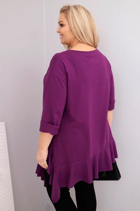 Bluzka damska Plus Size z bawełną z falbaną i rękawem podwijanym ciemno fioletowa