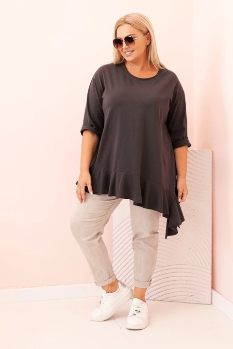 Bluzka damska Plus Size z bawełną z falbaną i rękawem podwijanym grafitowa