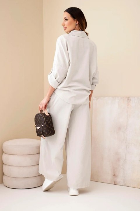 Komplet damski bawełniany z wiązaną koszulą i szeroką nogawką beżowy