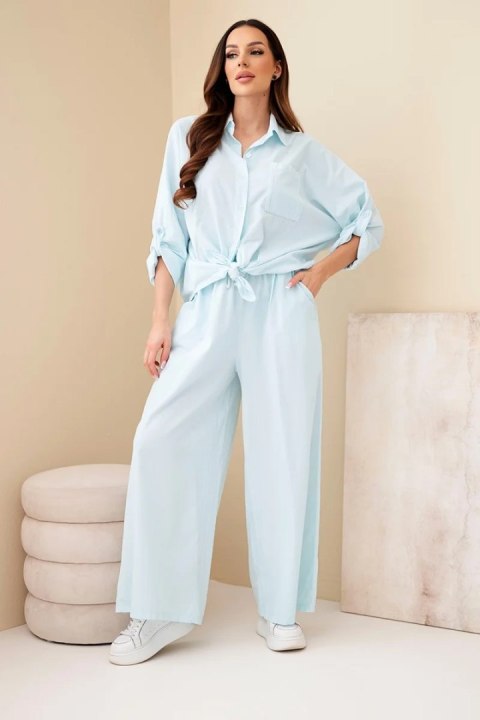 Komplet damski bawełniany z wiązaną koszulą i szeroką nogawką jasno miętowy
