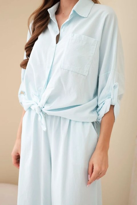 Komplet damski bawełniany z wiązaną koszulą i szeroką nogawką jasno miętowy