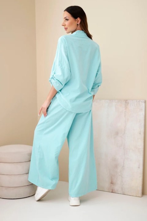 Komplet damski bawełniany z wiązaną koszulą i szeroką nogawką miętowy