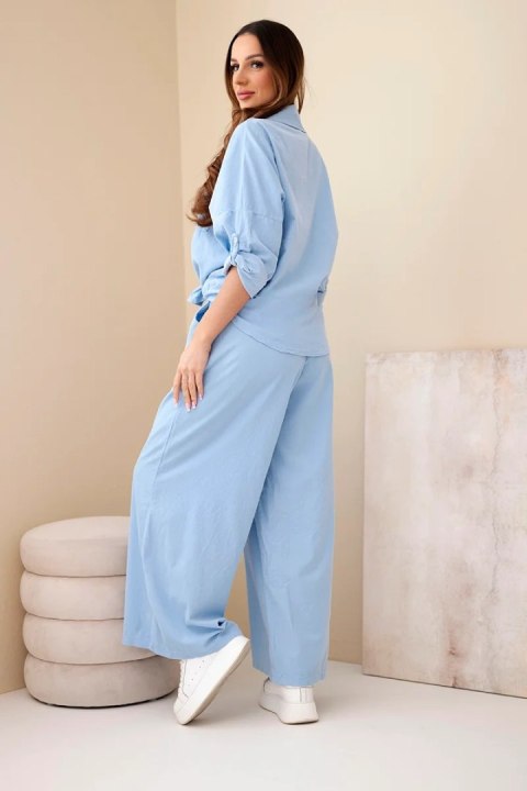Komplet damski bawełniany z wiązaną koszulą i szeroką nogawką niebieski