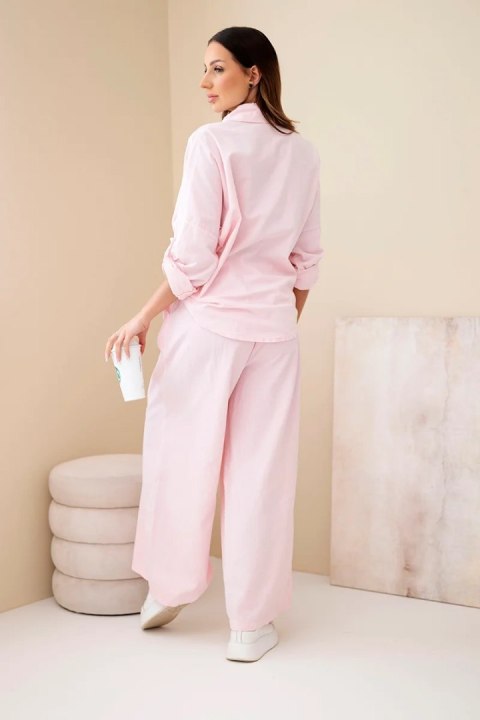 Komplet damski bawełniany z wiązaną koszulą i szeroką nogawką pudrowy róż