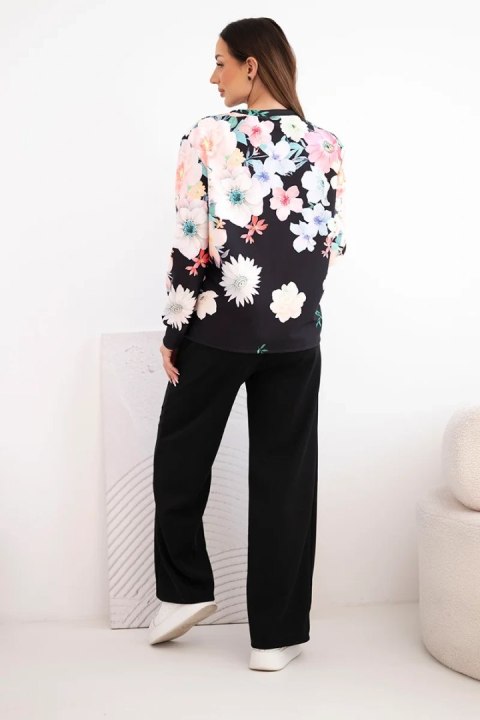 Komplet damski masełkowy wiskozowy w kwiaty z szeroką nogawką czarny