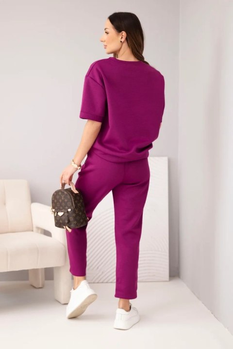Komplet damski wiskozowy masełko z krótkim rękawem i spodniami z podwijaną nogawką ciemny fioletowy