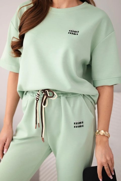 Komplet damski wiskozowy masełko z krótkim rękawem i spodniami z podwijaną nogawką ciemny miętowy
