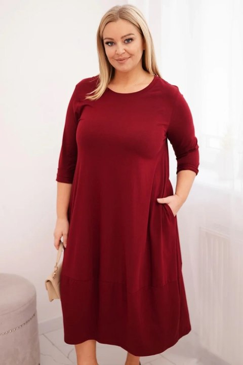 Sukienka damska bawełniana Plus Size z podwijanym rękawem i kieszeniami bordowa