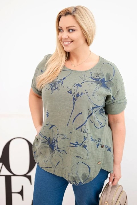 Bluzka damska bawełniana Plus Size z krótkim rękawem i kieszenią khaki