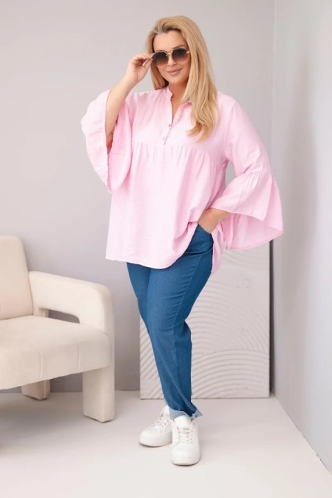 Bluzka damska wiskozowa Plus Size z falbaniastym rękawem i dekoltem V cukierkowy róż