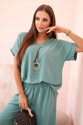 Komplet z naszyjnikiem bluzka + spodnie ciemny miętowy