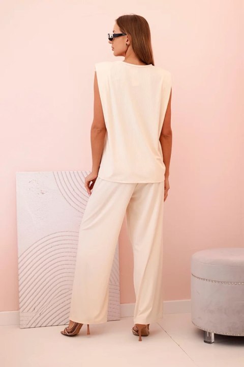 Komplet damski z wiskozy bez rękawów i prostymi spodniami jasny beżowy