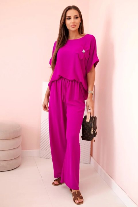 Komplet damski z wiskozy z ozdobnym kwiatem i szerokimi spodniami ciemny fioletowy
