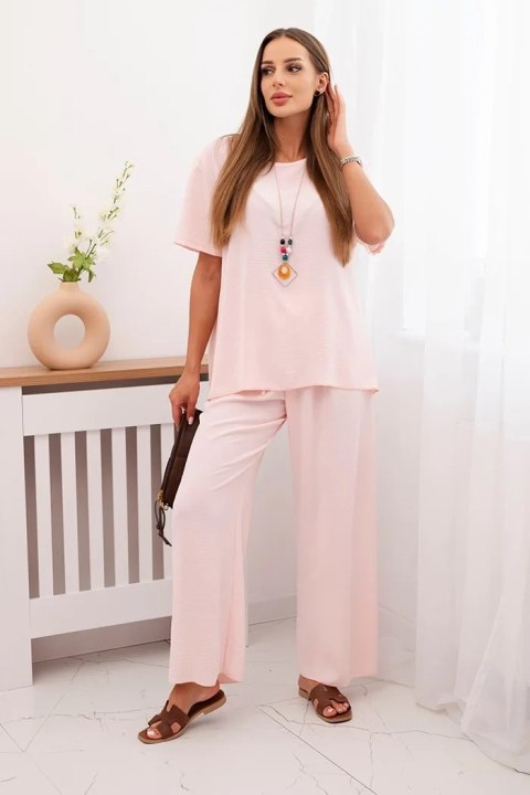 Komplet damska z luźną bluzką i szerokimi spodniami pudrowy róż