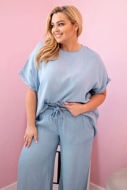 Komplet damski Plus Size z tencelu bluzka i spodnie z wiązaniem jasno jeansowy