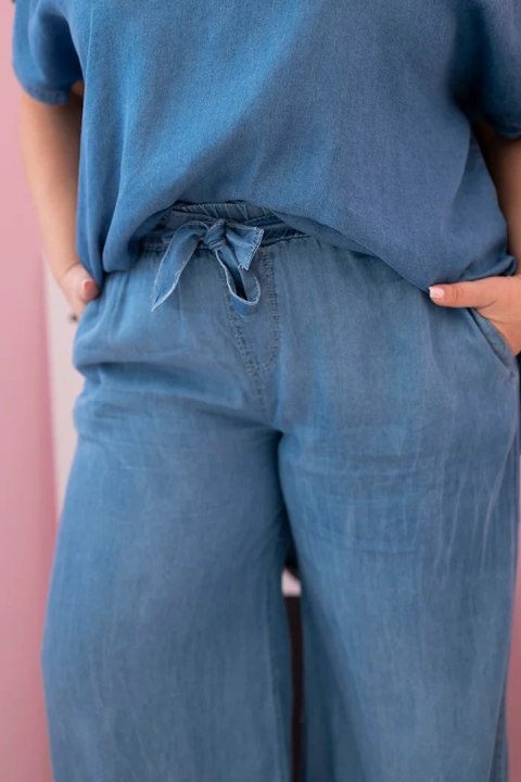 Komplet damski Plus Size z tencelu bluzka i spodnie z wiązaniem jeansowy