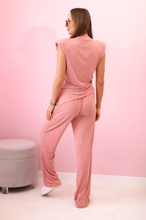 Komplet damski elegancki z szerokimi spodniami i bluzką marszczoną ciemny różowy