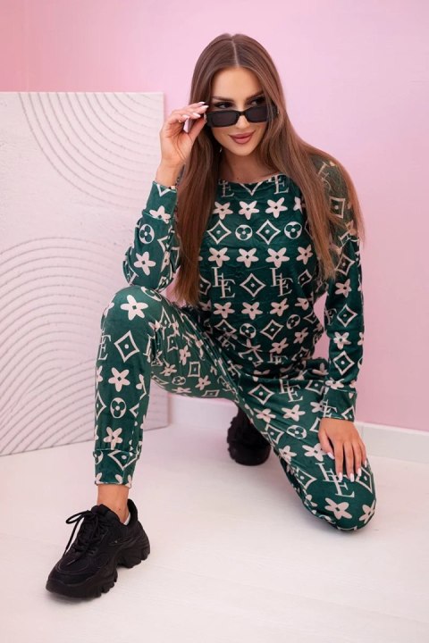 Komplet damski z weluru w monogram zielony + beżowy