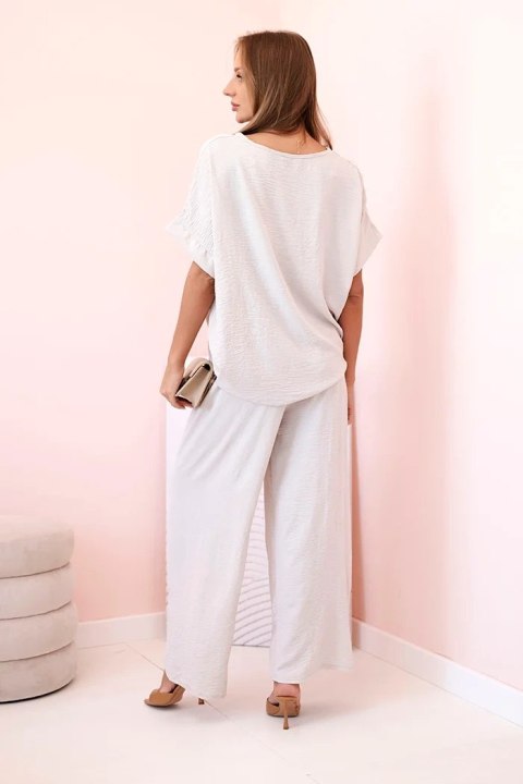 Komplet damski z wiskozy z ozdobnym kwiatem i szerokimi spodniami ciemny beżowy