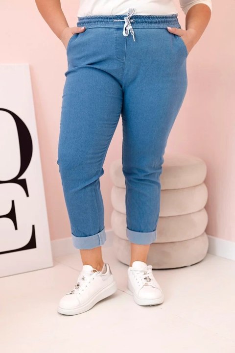 Spodnie damskie bawełniane Plus Size z elastyczną talią i wiązaniem jasno jeansowe