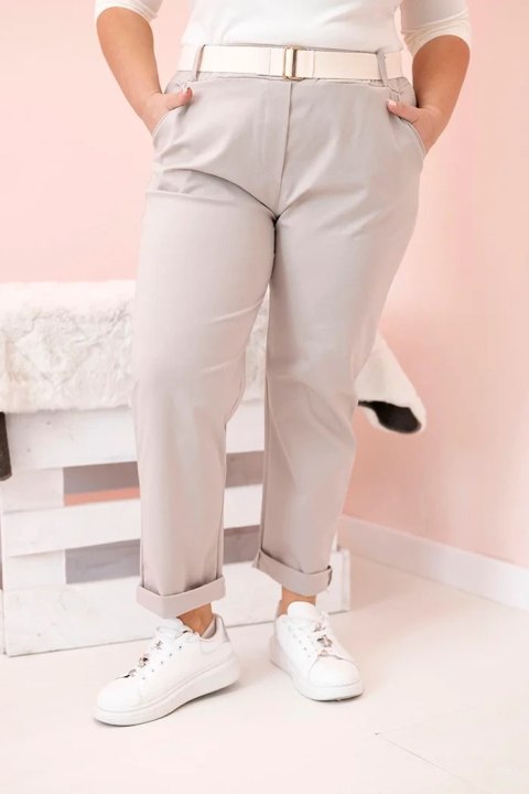 Spodnie damskie bawełniane Plus Size z paskiem ciemno beżowe