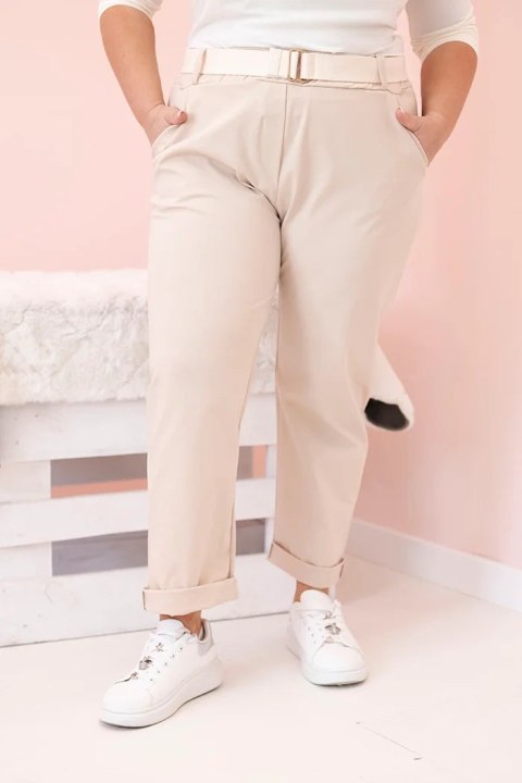Spodnie damskie bawełniane Plus Size z paskiem jasno beżowe