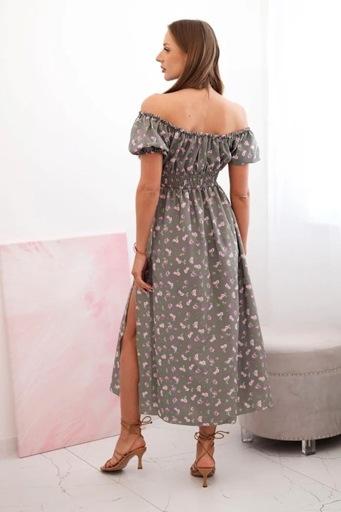 Sukienka damska maxi w kwiaty z bufkami khaki