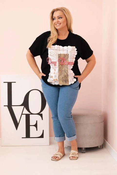 Bluzka damska bawełniana Plus Size z nadrukiem Day Dream czarny + camelowy