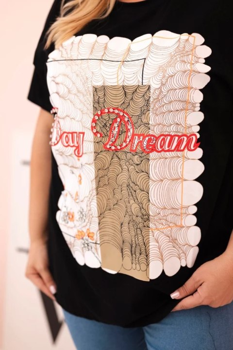 Bluzka damska bawełniana Plus Size z nadrukiem Day Dream czarny + camelowy