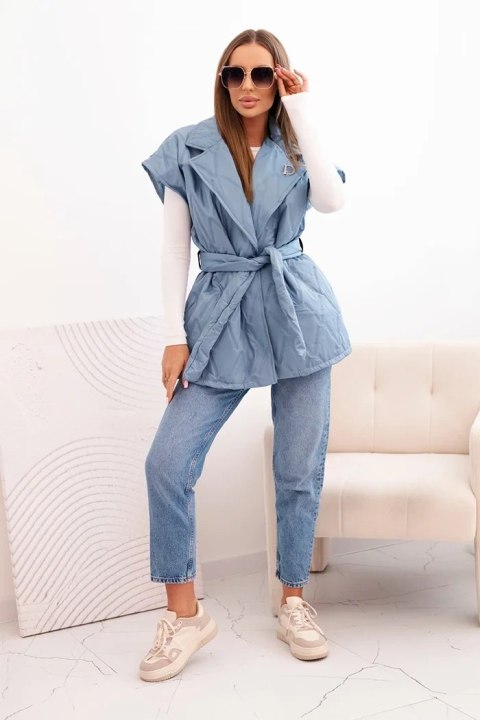 Kamizelka damska pikowana z paskiem i szerokim kołnierzem jeansowa