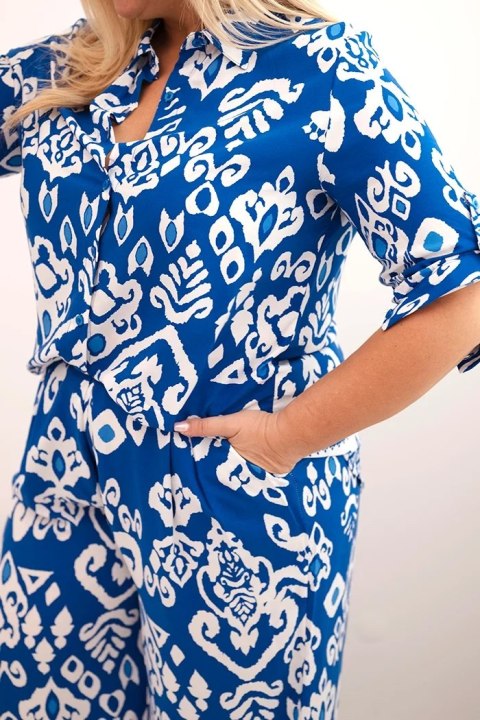 Komplet damski Plus Size wiskozowy z geometrycznym nadrukiem chabrowy