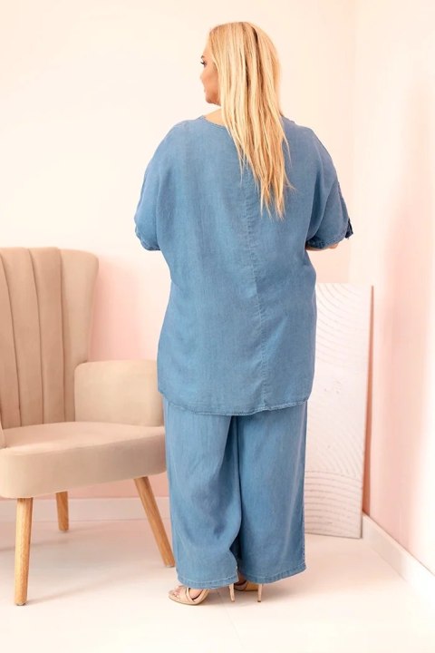 Komplet damski Plus Size z tencelu bluzka z wiązaniem i szerokie spodnie jeansowe