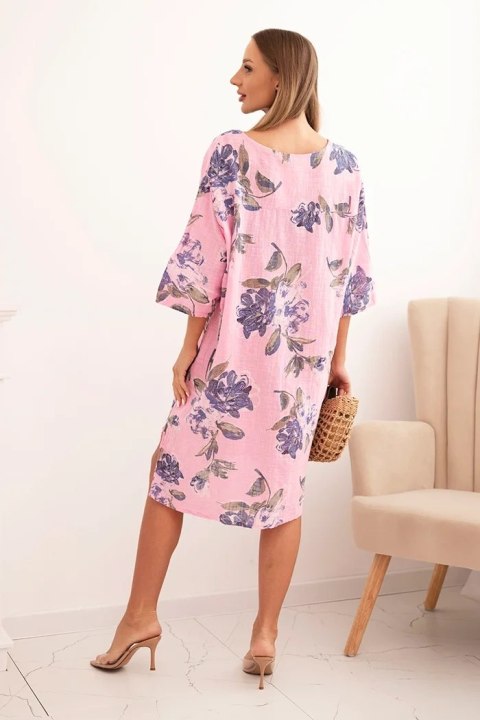 Sukienka damska bawełniana z kwiatowym wzorem i rękawem 3/4 jasno różowa
