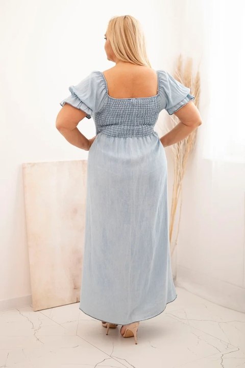 Sukienka damska plus size z krótkim rękawem i marszczeniem z tencelu maxi jasno jeansowa