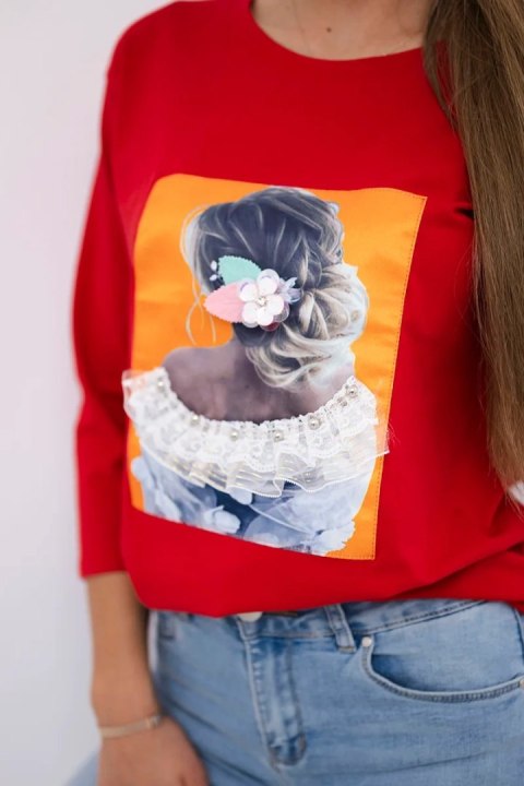 Bluzka z grafiką 3D, koronka czerwona