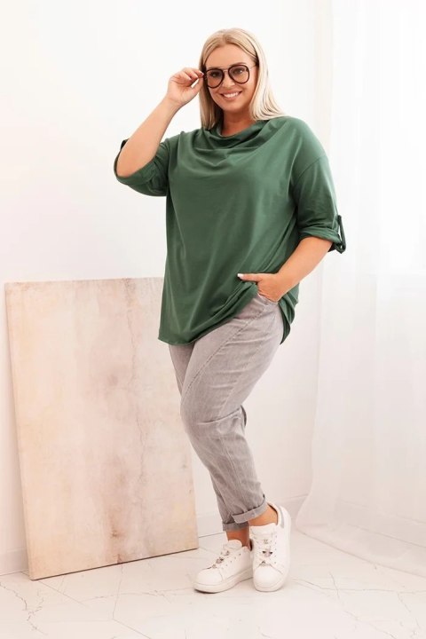 Bluzka damska Plus Size z bawełną o luźnym kroju z dekoltem wodnym ciemno zielona