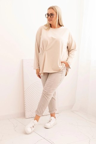 Bluzka damska plus size z bawełną z długim rękawem i marszczeniem beżowa
