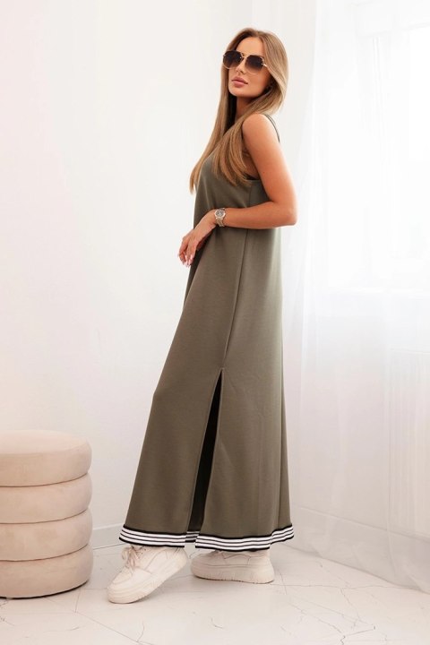 Komplet damska z wiskozą z rozpinaną bluzą i długą sukienką khaki