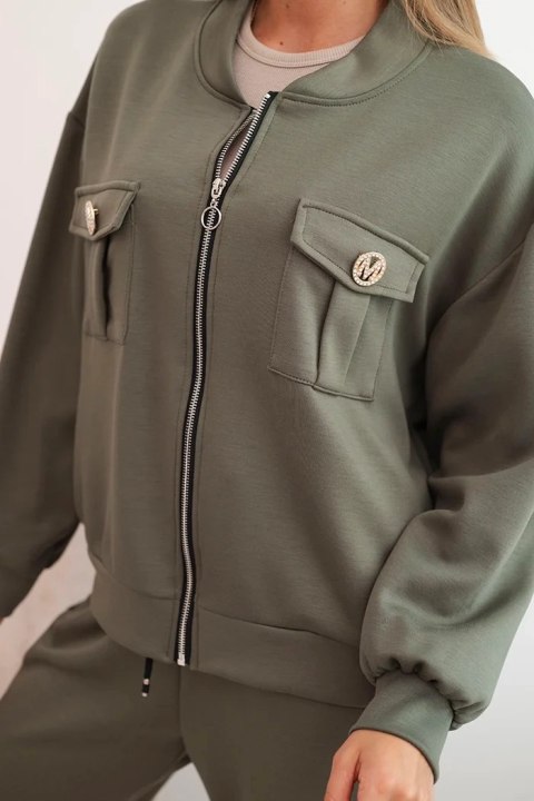 Komplet damski masełkowy z wiskozy z rozpinaną bluzą i spodniami khaki