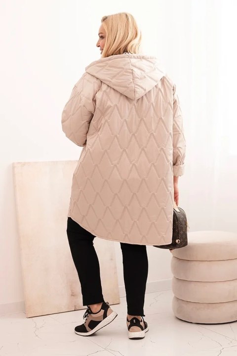 Kurtka damska Plus Size pikowana z kapturem i napisem HOPE ciemno beżowa