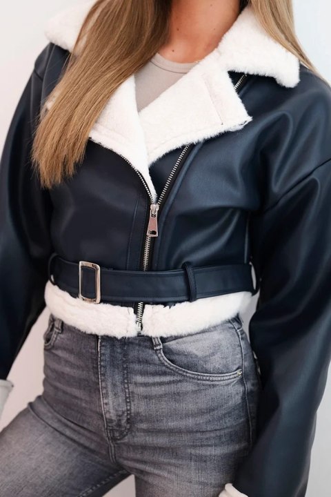 Kurtka damska pilotka z ekoskóry ocieplana z kożuchem i paskiem granatowa