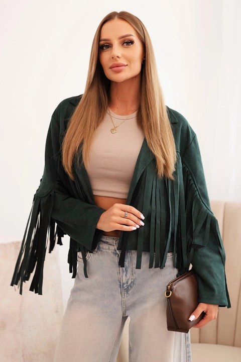 Kurtka damska z frędzlami z zamszu ciemno zielona