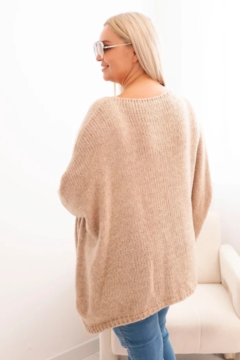 Sweter damska Plus Size z akrylem o luźnym kroju i rękawem 3/4 camelowy