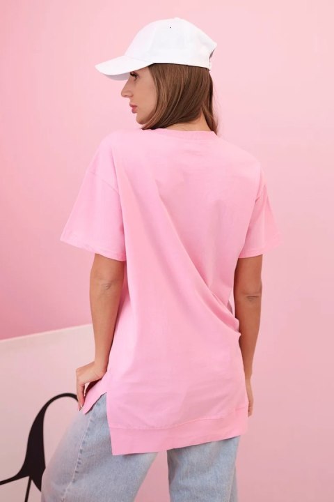 T-shirt damska bawełniana oversize z sercem i frędzlami jasno różowa