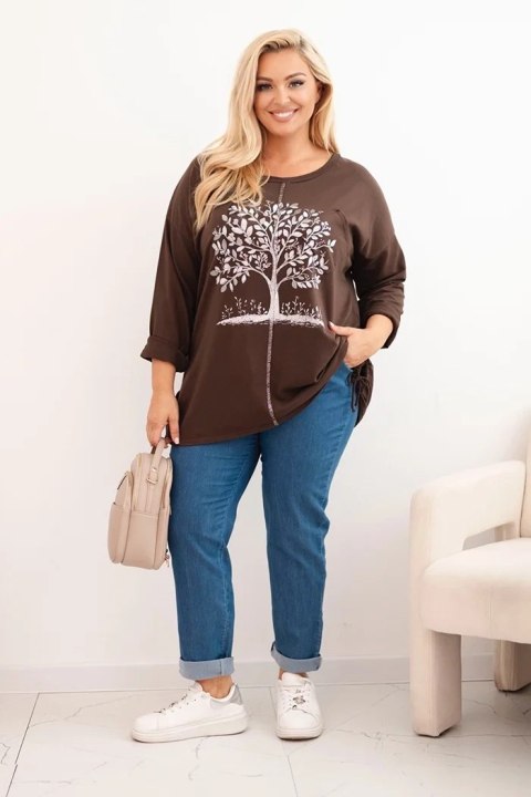 Bluza damska Plus Size bawełniana z nadrukiem drzewa brązowa