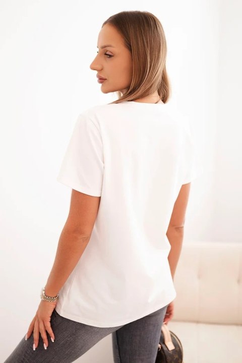 Bluzka damska bawełniana z dekoltem w serek z krótkim rękawem ecru