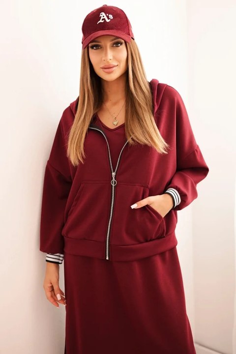 Komplet damska z wiskozą z rozpinaną bluzą i długą sukienką bordowa